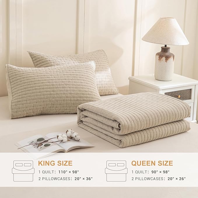 Sanracie Stonewashed Cotton Coverlet King Size(110"x98"), Dark Wheat Colored Cross Stitch Pattern Quilt Bedding Set 3Pcs Extra Soft Breathable Crinkle Quilted Bedspread Set for All Season