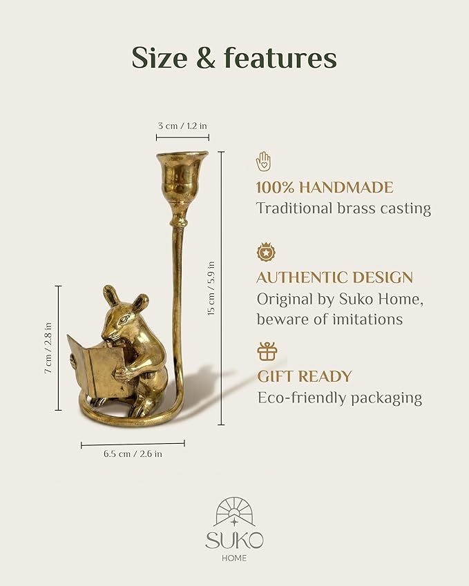Vintage Brass Mouse Candleholder, Bookshelf Decor Antique Patina Taper Candle Holder mice Home Decor Gift, Reading Lover Gift