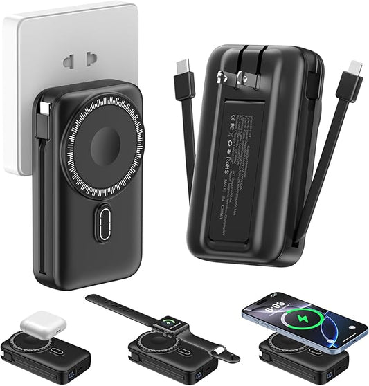 Magnetic Portable Charger 10000mAh for iPhone with Built-in Cables and Wall Plug,Wireless Power Bank with iWatch Charger,LCD Display 22.5W Fast Charging Battery Pack for iPhone 16/15/14/13/12 (Black)