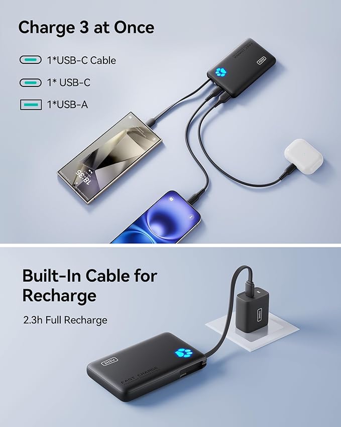 INIU Portable Charger, Slim 10000mAh Power Bank with Build in USB-C Cable, 45W Fast Charging Small Phone Charger, Flight Cruise Ship Trip Accessories Essentials for College Student Boy Girl, Yellow