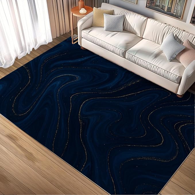 Luxury Marble Rug - 6x9 Area Rugs, Navy Blue Marble Kids Rugs, Modern Abstract Area Rug, Washable & Non Slip Large Rug Home Decor