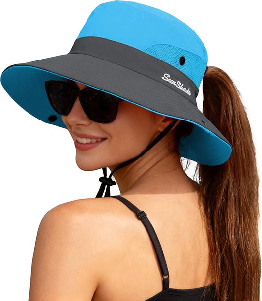 ZOORON Women's Ponytail Safari Sun Hat,Wide Brim UV Protection Outdoor Bucket Hat,Foldable Beach Summer Fishing Hat