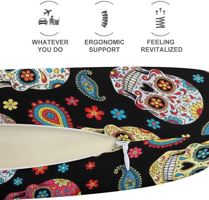 Cute Decorative Travel Neck Pillow Memory Foam Chin Cushion Vintage Paisley Sugar Skull, Washable Cover for Women Airplane Car Home Sleeping Rest