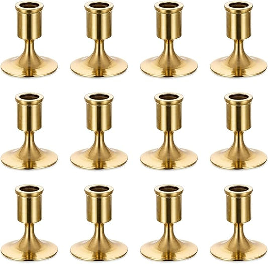 Romadedi Gold Candlestick Candle Holders for Taper, 12 PCS Gold Brass Color Candle Stick Candle Holder for Table Centerpiece, Wedding Reception, Festive Christmas Mantel Decoration or Home Decor
