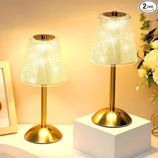 Liliful 2 Pcs Cordless Table Lamp Rechargeable Touch LED Small Gold Portable Battery Operated USB-c Desk Lamp 3 Color Dimmable for Bedroom Living Room Dining (Gold,Retro Style)