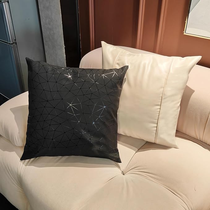Faux Leather Throw Pillow Covers 16X16 Inch Black Stripe Outdoor Modern Farmhouse Solid Decorative Pillow Covers for Room Couch Living Bedroom Bed Sofa