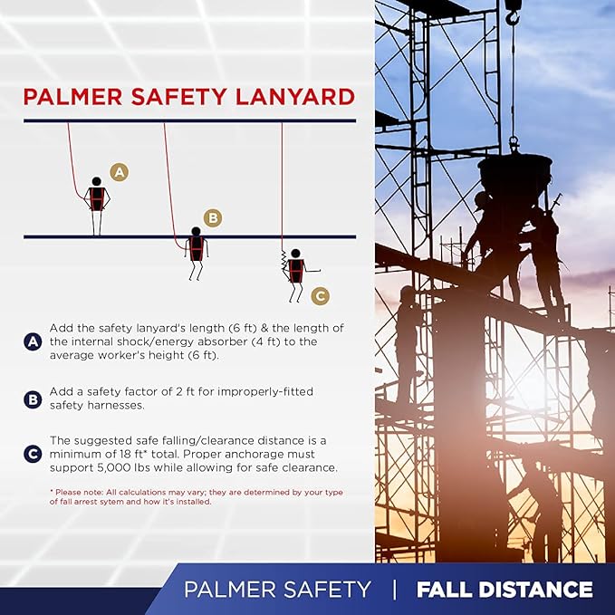 Palmer Safety L121133 6 FT Single Leg Safety Lanyard Internal Shock Absorber w/Dual Snap Hooks I OSHA/ANSI Compliant Restraint Lanyards I Ideal Use for Arborist, Roofer & Construction Workers