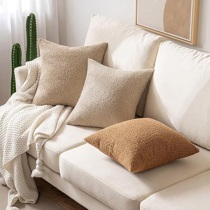 MIULEE 20x20 Inch Decorative Pillow Covers for Couch Bed Set of 2 Textured Boucle Neutral Winter Throw Pillows Khaki Accent Solid Cushion Pillowcases Sofa Livingroom Home Decor