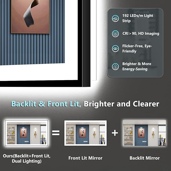 60x38 Black Framed LED Bathroom Mirror with Lights, Backlit & Front Lit, Anti-Fog Lighted Vanity Mirrors for Bathroom Wall, Dimmable, 3 Colors, Memory, Shatter-Proof, Tempered Glass, CRI＞90