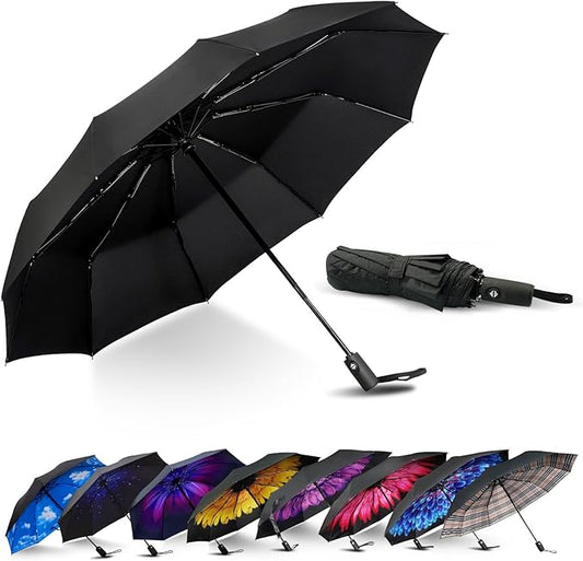 LLanxiry Compact Travel Umbrella, Automatic Open/Close Windproof Umbrella, 10 Fiberglass Ribs, 210T Pongee, UPF 50+ Sun/Rain, Lightweight Portable Umbrellas Travel Size with Carry Sleeve