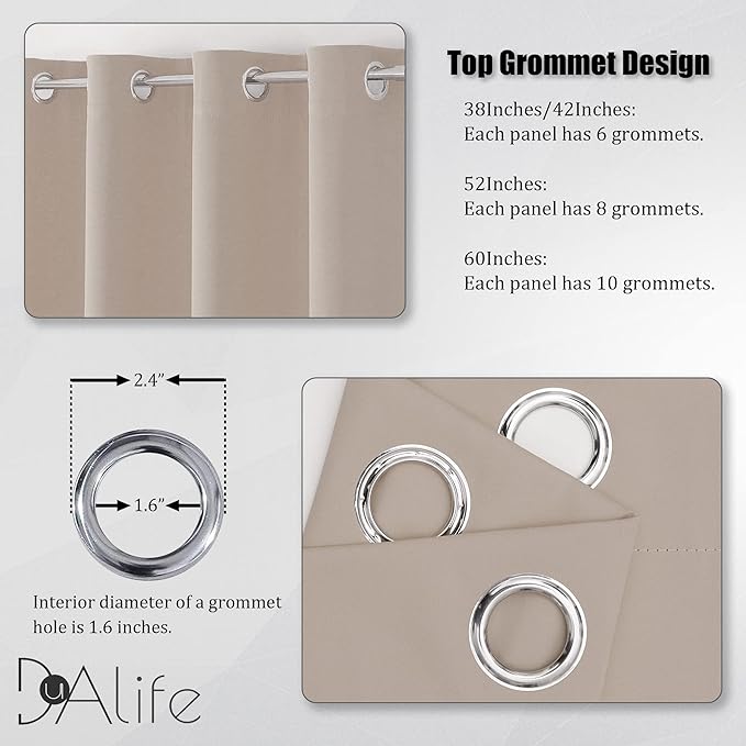 DUALIFE 54 Inch Taupe Blackout Curtains for Bedroom Short Windows Solid Blackout Curtain Panels Thermal Insulated Grommet Top Room Darkening Curtains for Bedroom 38 x 54 Inch Length Light Brown