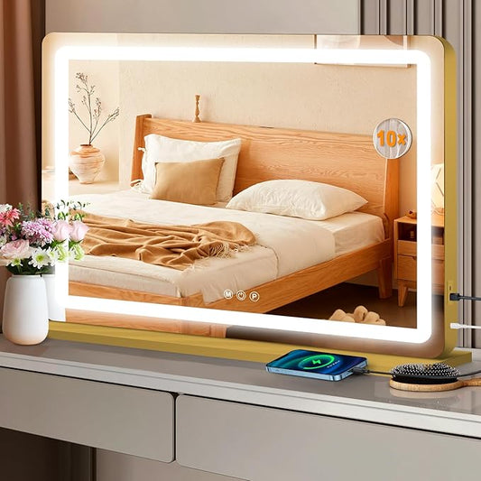 Vanity Mirror with Lights, Led Makeup Mirror, Lighted Makeup Mirror with 3 Color Dimmable Lights, Smart Touch Screen Control, Aluminum Metal Frame,USB Charging Port