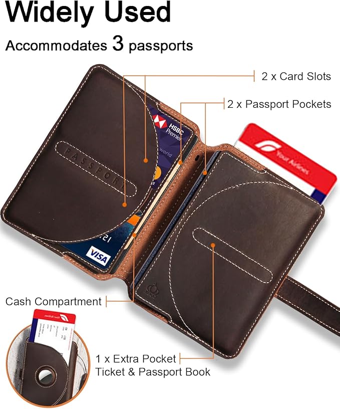 Leather Passport Holder for Travel with Airtag Slot, Passport Wallet for Men & Women,1-3 Passport Books,Passport Sleeves Travel Essential & Gift (Dark Coffee, With AirTag Slot)