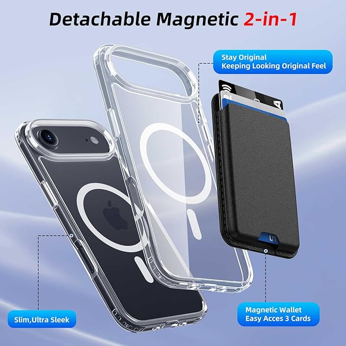 Ntwinro Magnetic for iPhone Air Clear Case (Compatible with MagSafe) with Black Detachable Wallet & Card Holder for 3 Cards [RFID Blocking] Military Grade Protective Slim Phone Cover for 17 Air 2025