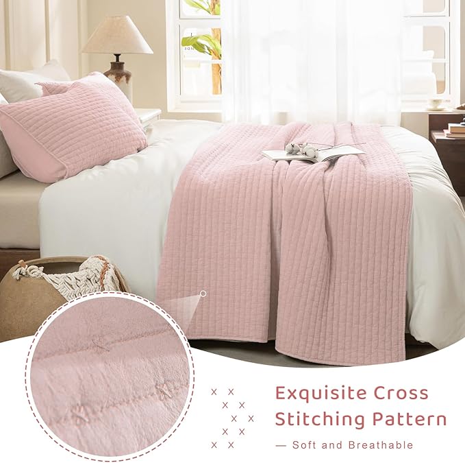 Sanracie Stonewashed Cotton Coverlet Oversized King(128"x120"), Light Pink Ultra Soft Crinkle Extra Large Wide Oversized Quilt Sets Lightweight Cross Stitch Bedspread Set 3Pcs for All Season