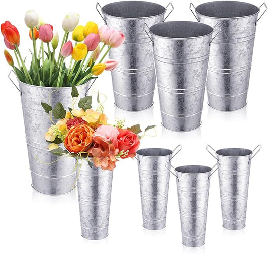 Chumia 8 Pcs Galvanized Flower Buckets Bulk 12.6 Inch and 9 Inch DIY Bouquet Bar Supplies Table Decor Vase Wedding Tall Metal French Cut Planter Rustic Vintage Centerpiece Farmhouse Florist