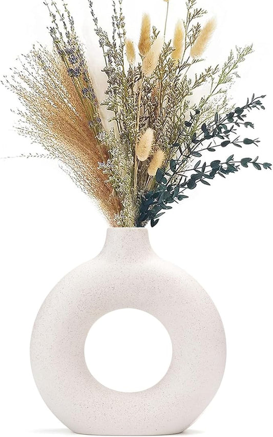 CEMABT White Donut Vase Hollow Ceramic Vase for Flowers Handmade Minimalist Boho ins Style Modern Home Decor for Wedding Dinner Table Party Living Room Office Bedroom(S)