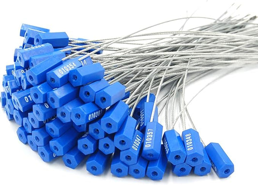 Leadseals(R) 100 Security Cable Seals Numbered Security Tags Tamper Proof Pull Tight Steel Wire Seals for Truck, Trailers, Cargo, Containers, Vans, Oil Tank, Milk Vehicle (Blue, Pack of 100pcs)