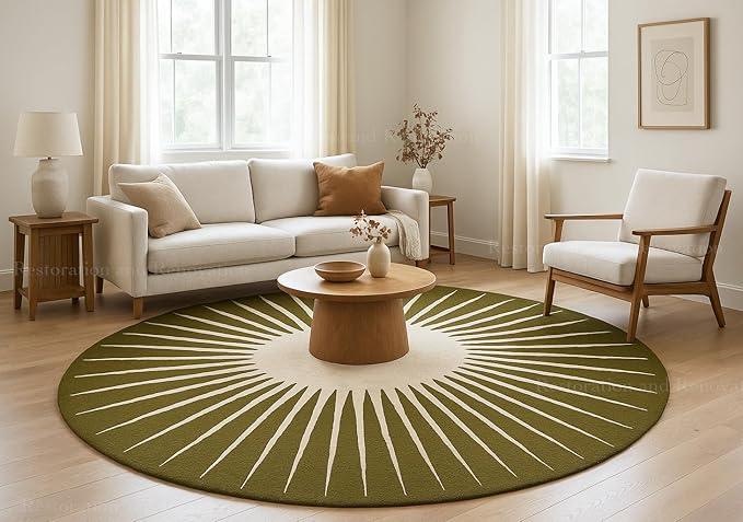 Modern Round Area Rug – Hand-Tufted with 100% NZ Wool, Thick & Soft Circular Carpet for Living Room, Bedroom & Dining Room Decor (Moss Green, 6' Round)