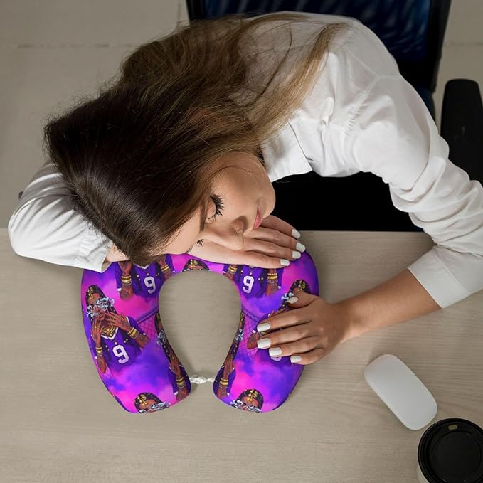 Travel Neck Pillows for Sleeping Rest Car Airplanes African American Black Girl Gold Ring Art Purple, Memory Foam with Removable Breathable Zipper Cover Washable for Men Women