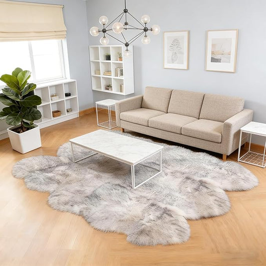Faux Fur Sheepskin Area Rug for Living Room Bedroom, White with Grey Tips, 6 x 6 Feet Ultra Soft Shaggy Fuzzy Furry Carpet Chair Throw Large Rugs for Kids, Girls, Nursery Room Decor Dorms