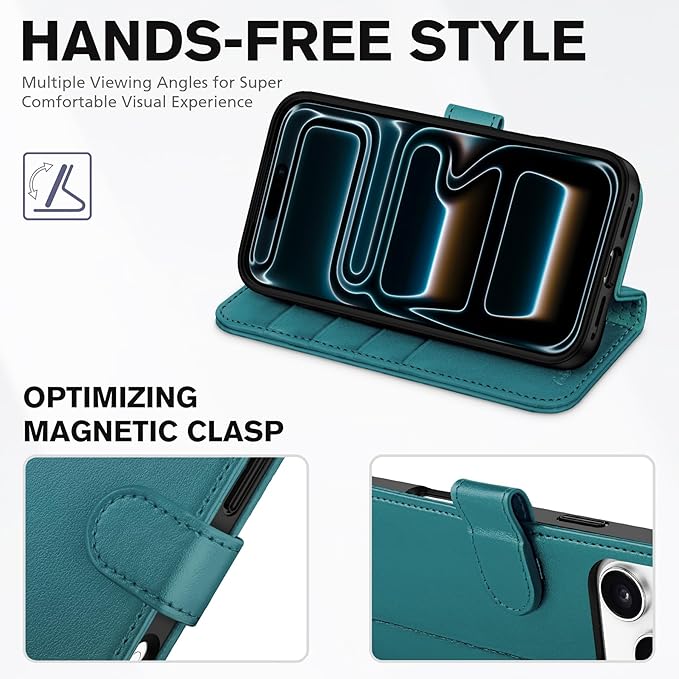 TUCCH Wallet Case for iPhone 17 Pro Max (6.9") 2025, 4 Card Holders | RFID Blocking | Stand | Shockproof TPU Shell | PU Leather | Magnetic Closure | Protective Flip Cover | Bluish Green