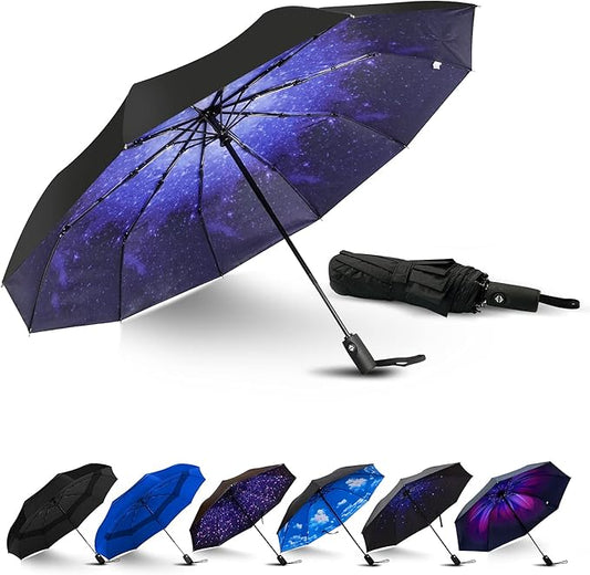 LLanxiry Compact Travel Umbrella, Automatic Open/Close Windproof Umbrella, 10 Fiberglass Ribs, 210T Pongee, UPF 50+ Sun/Rain, Lightweight Portable Umbrellas Travel Size with Carry Sleeve