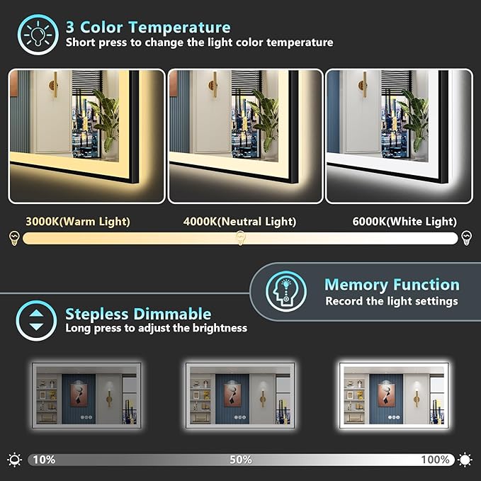 60x30 Black Framed LED Bathroom Mirror with Lights, Backlit + Front Lit, Anti-Fog Lighted Vanity Mirror for Bathroom Wall with 3 Colors, Stepless Dimmable, Memory, Tempered Glass, ETL Listed
