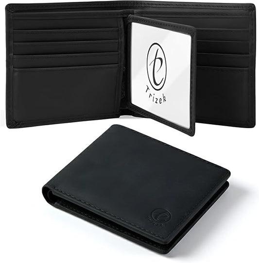 Trizek Leather Wallet for Men, Genuine Leather RFID Blocking Bifold Wallet, Minimalist Slim Design, Stylish and Secure Credit Card Holder (Black)