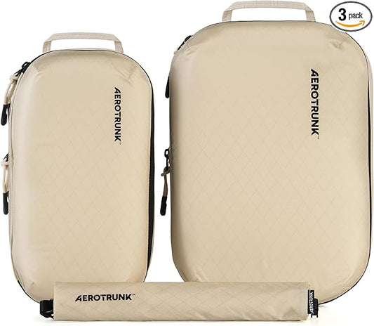 Aerotrunk Ultralight Compression Packing Cubes - Lightweight Travel Organizers for Suitcases and Luggage (3-Pack, Beige)