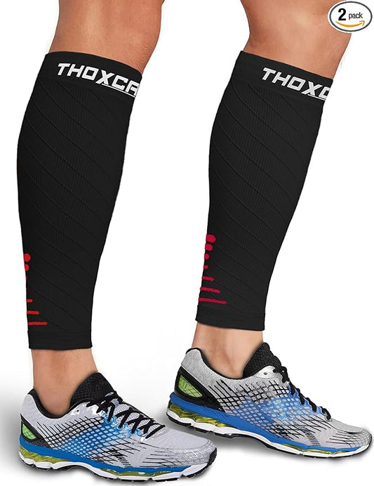Thoxcare Calf Compression Sleeve for Men Women (2 Pairs), Leg Support Footless Compression Socks for Running - Shin Splint Varicose Veins Swelling & Pain Relief, Black/Red, Large