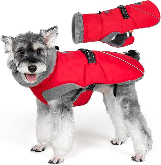KYEESE Waterproof Dog Coat, Windproof Winter Jacket with Thick Fleece Lining, Extra Warm Turtleneck Dog Coats for Medium Dogs with Leash Hole and Reflective Design, Red, X-Large