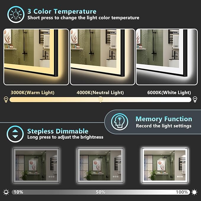 40x30 Black Framed LED Bathroom Mirror with Lights, Backlit + Front Lit, Anti-Fog Lighted Vanity Mirror for Bathroom Wall with 3 Colors, Dimmable, Memory, Tempered Glass, Horizontal/Vertical