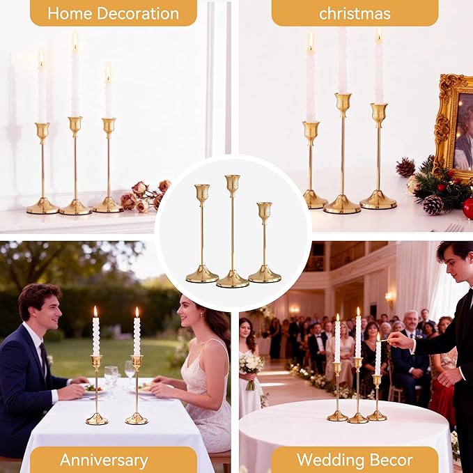 Taper Candle Holders, Tall Vintage Metal Candlestick Holders, 6 PCS Brass Gold Candle Sticks Holders for Home Decor Table Centerpiece Wedding Housewarming Festival, Rose Gold, 2 Sets (6 pcs)