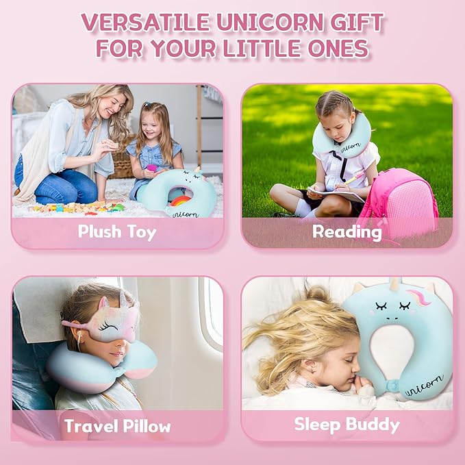Toddler Neck Pillow, Kids Travel Neck Pillow for Traveling with Eye Mask, Toddler Cute Unicorn Airplane Travel Essentials, Memory Foam Car Flight Sleeping Headrest for Baby Boy Girl Child Gift (Blue)