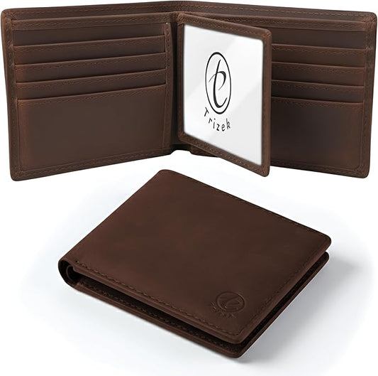 Trizek Leather Wallet for Men, Genuine Leather RFID Blocking Bifold Wallet, Minimalist Slim Design, Stylish and Secure Credit Card Holder (Brown)