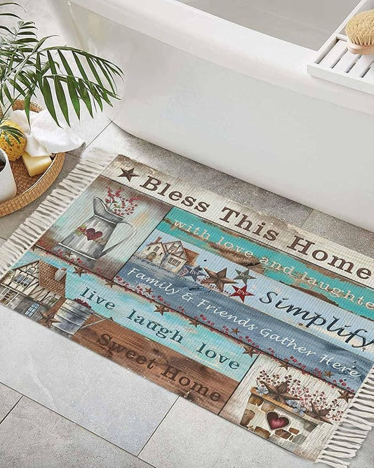 Turquoise Blue Brown Entryway Rug 2X3 Ft Bathroom Mat, Washable Woven Vintage Barn Rustic Cabin Throw Carpet with Tassel, Non-Shedding Country Star Farm Wooden Plank Indoor Outdoor Kitchen Doormats