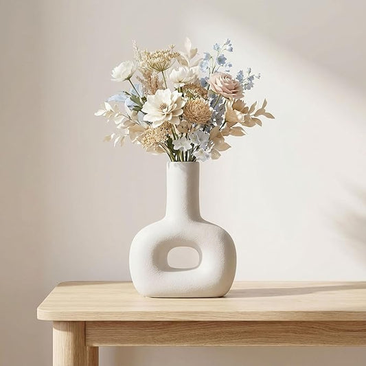 Decorative Flower Vase for Home Decor – Ceramic Modern Flower Vase With Open Cut Design, Stylish Table Centerpiece for Living Room or Entry Display, Modern for Faux Flowers and Greenery – 8", Ivory