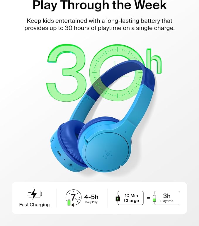 Belkin SoundForm Mini - Wireless Bluetooth Kids Headphones, 30H Battery, 85dB Safe Volume Limit, Built-in Microphone - Toddler On-Ear Earphones for iPhone, iPad - Ideal for School - Blue w/Case