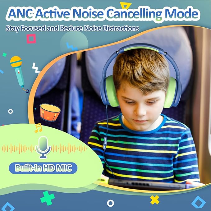 INFURTURE USB C Headphones Kid with Mic, Active Noise Cancelling Kids Headphones, 85/94dB Safe Volume Limit, Over Ear Headsets, Boys Girls Wired Headset for School/Travel, for Kids
