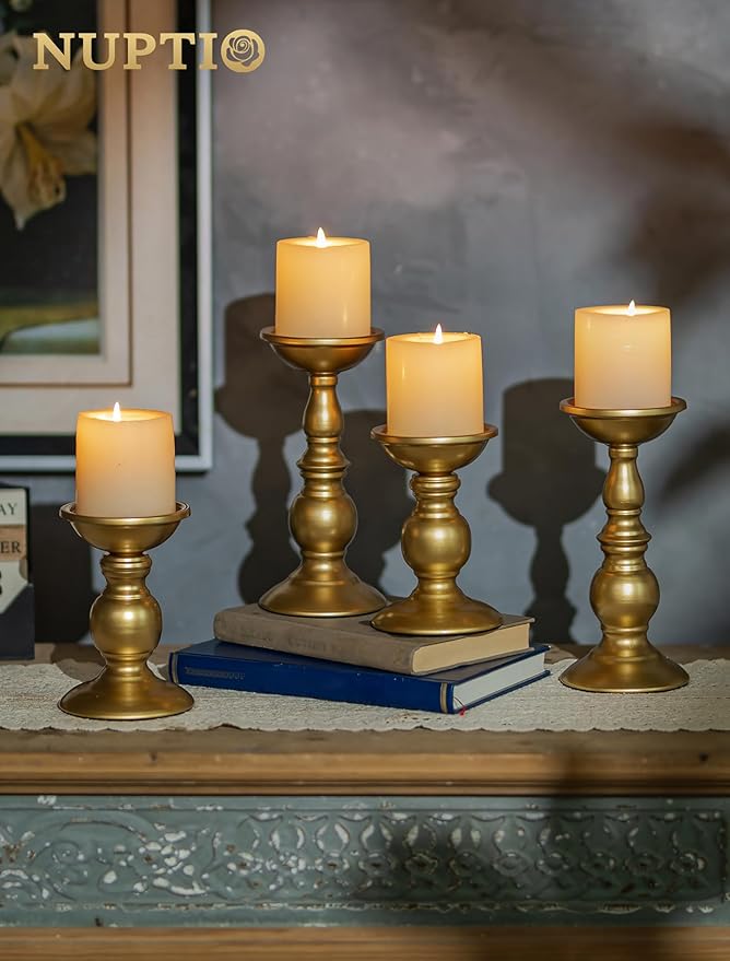 2 Pcs Gold Pillar Candle Holders, Gold Candlestick Most Ideal for 3" Pillar Candles, Gifts for Wedding, Party, Home, Spa, Reiki, Votive Candle (2 x S)