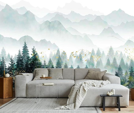 Hazy Forest Wallpaper with Gold flecks, Misty Mountain Peaks Mural, Nature Landscape Wall Mural（Non-self-Adhesive）