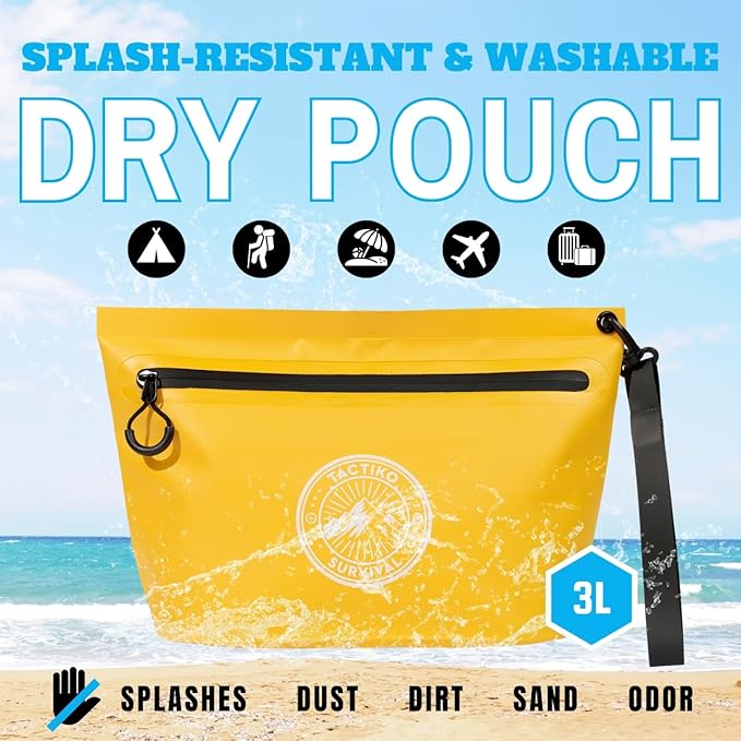 3-Pack Tactiko 3L Water Resistant Pouches - Waterproof Material w/Splashproof Zipper - Hold All Zipper Bags for Storage, Toiletries,Travel, Beach, Cruise, Home (3, Yellow/Orange/Gray)