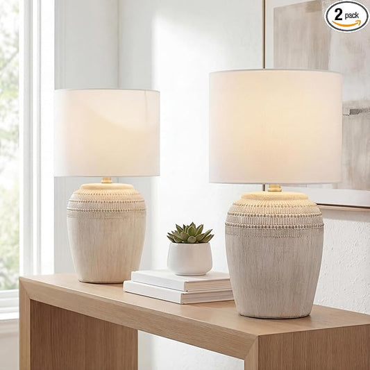 JONATHAN Y JYL5707B-SET2 16.75" Antique White Rustic Reeded Ceramic Table Lamp Set of 2 for Living Room, Traditional Farmhouse Bedside Nightstand Lamps with White Linen Shade, LED Bulbs Included