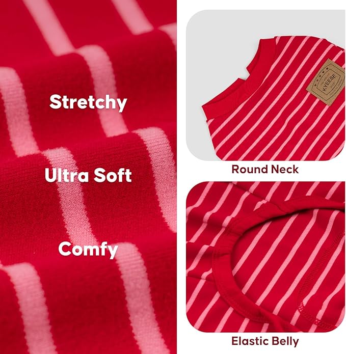KYEESE Dog Pajamas, Stretchable Velvet Fleece 4 Legs Doggie Jammies, Striped Jumpsuit Pet Onesie, Cozy Outfit Comfortable Dog Clothes, Hair Shedding Cover Pet Sleepwear,Red Striped, Medium