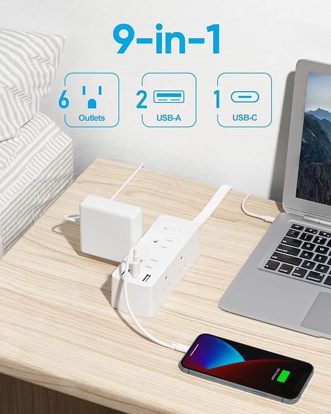 Flat Extension Cord 25ft, Olcorife Flat Plug Power Strip with 6 Outlets 3 USB Ports(1 USB C), 3-Side Outlet Extender Surge Protector for Home Office Dorm Room Essentials, White