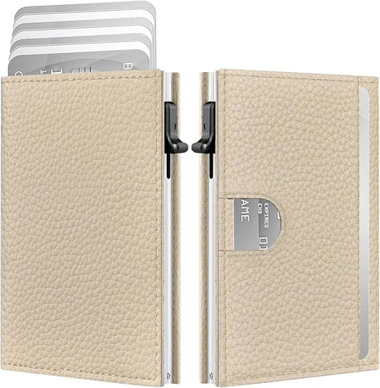 Vast Scenery Women's Small Wallet - Minimalist Neutral Beige Cream, RFID Blocking Smart Metal Pop Up Card Holder, Ultra Slim Fits Most Bags & Pockets, Holds 11+ Cards 10+ Bills, Gift for Her