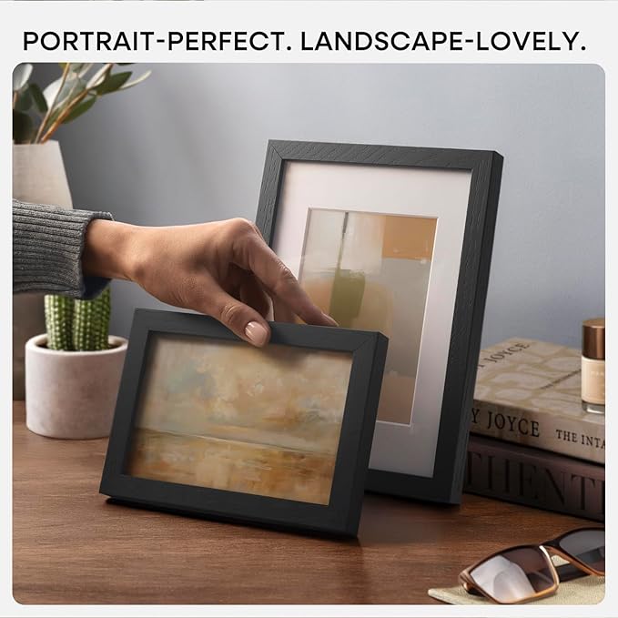 Homeforia 8x6 Black Wood Frame, High End Oak 6x8 Black Wooden Picture Frames with Mat 5x7 Art, 6 x 8 Frame Matted to 5 by 7 inch Photo, 6x8 Wall or Tabletop Frames, Tempered Glass, Wall Kit, Set of 2