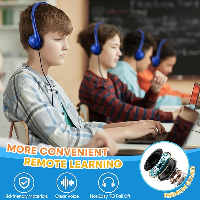 Kids Headphones Bulk 25 Pack for School Classroom Students, Wholesale Wired Headphones Durable Class Set Earphones for Children Toddler Teens Boys Girls and Adult (HY857,25 Blue)