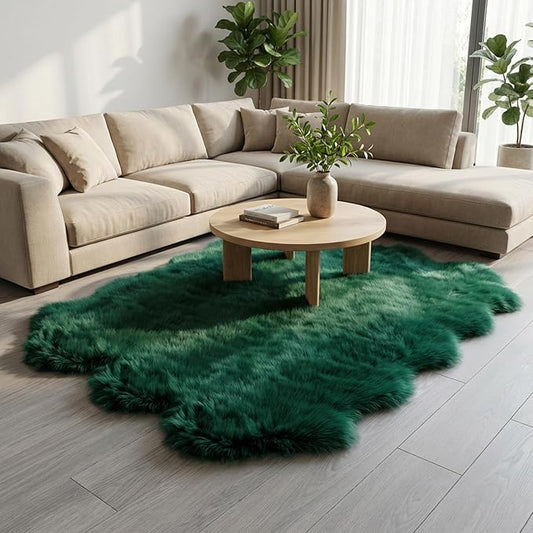 Green Faux Fur Sheepskin Area Rug for Living Room Bedroom, 6 x 6 Feet Ultra Soft Shaggy Fuzzy Furry Carpet Chair Throw Large Rugs for Kids, Girls, Nursery Room Decor Dorms